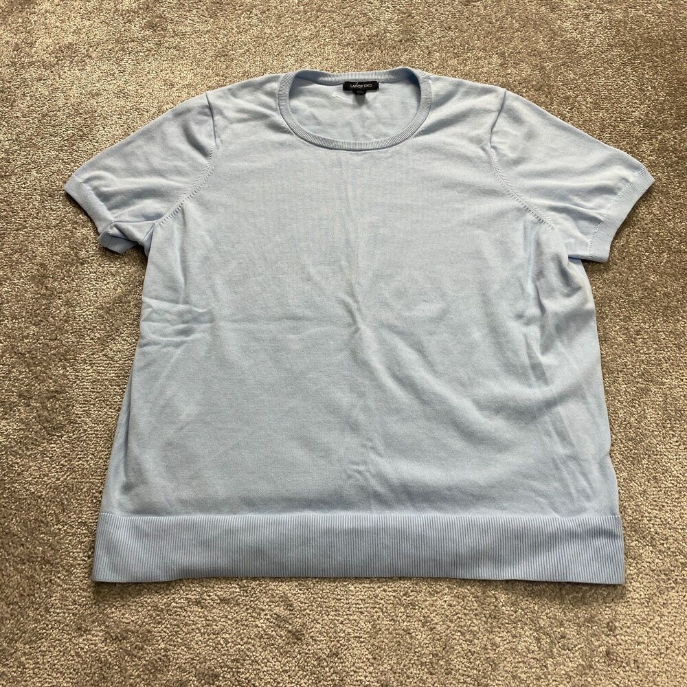 Land's End Knit Top Women 2XL Pastel Blue Short Sleeve Sweater Crew Neck Stretch